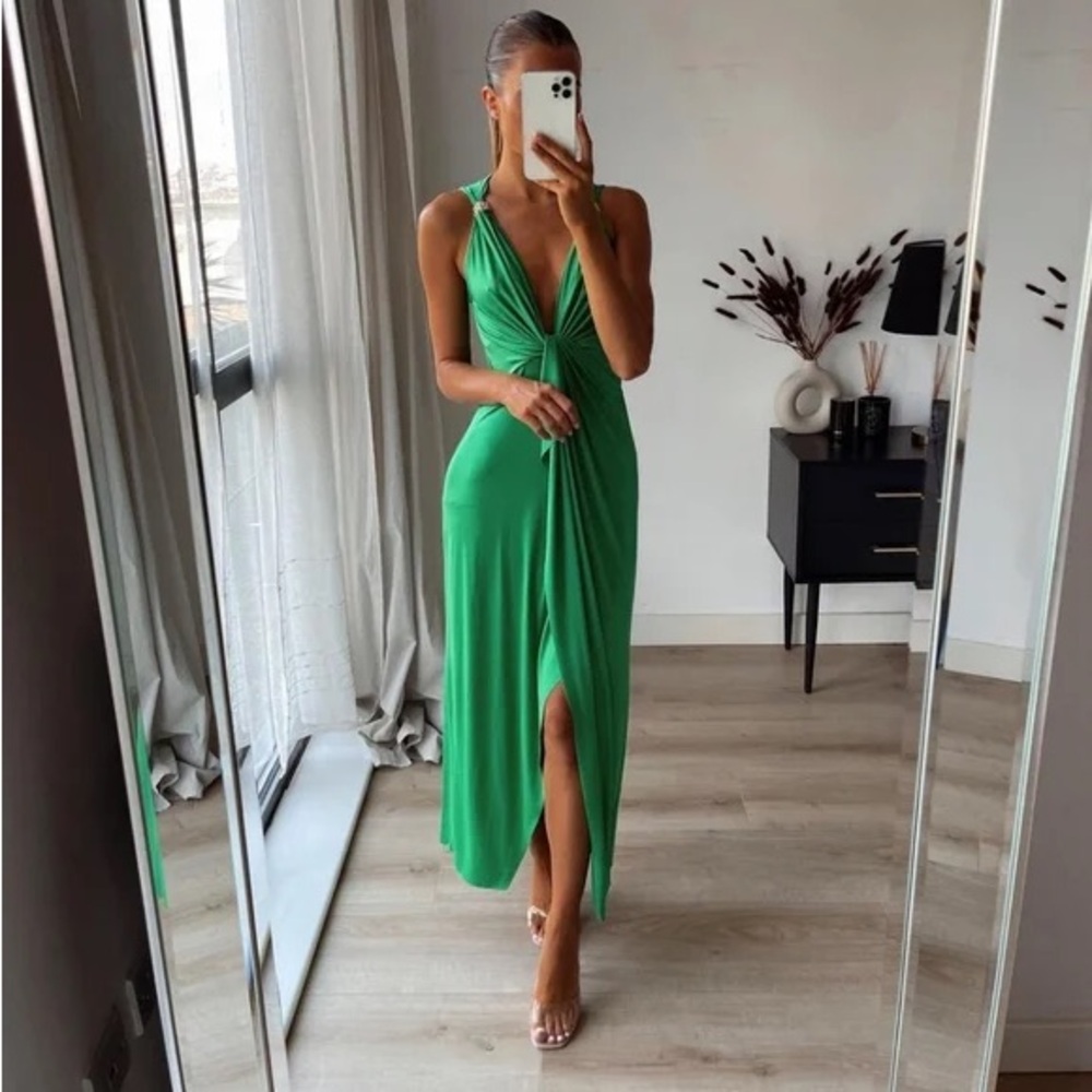 Zara XS Green Dress with Knot and Bead Detail